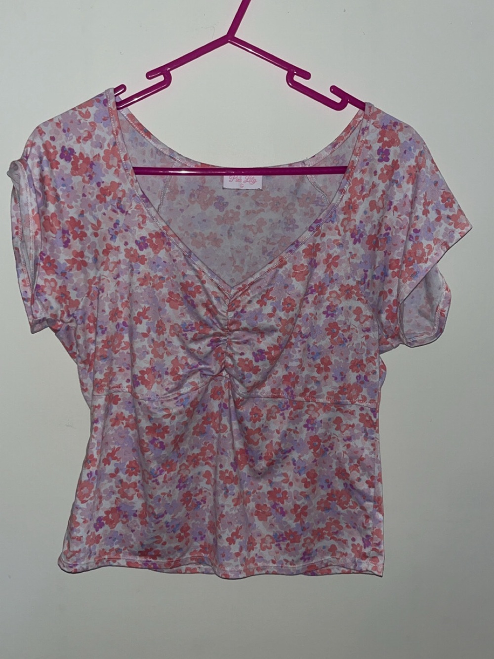Pink Lily Pink Floral Ruched V-Neck Crop Top